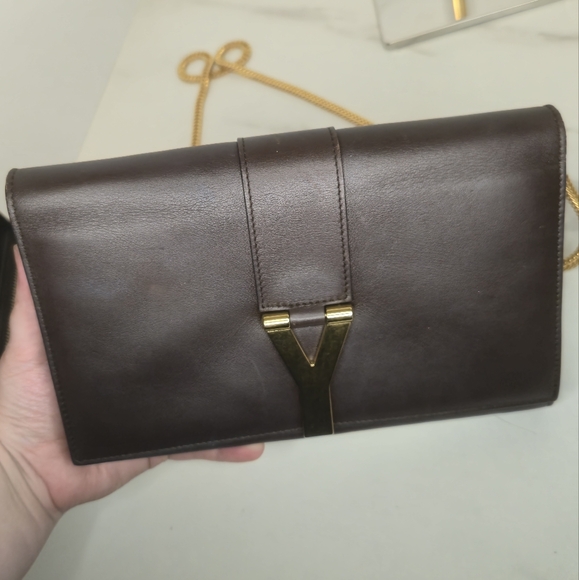 YSL Brown Leather Y-Ligne Clutch Pochette Shoulder Bag with Chain - Picture 7 of 12